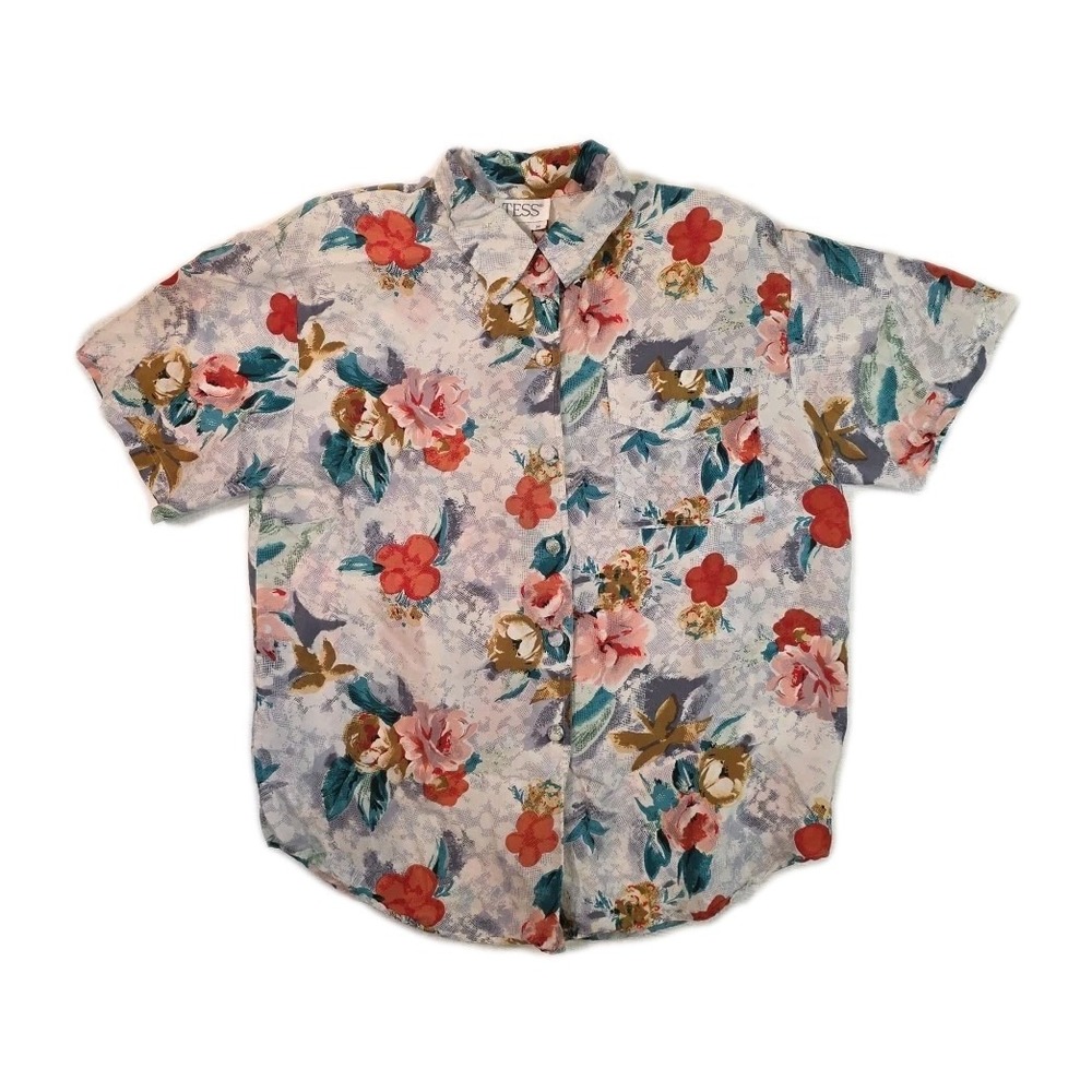 Vintage 100% Silk Floral Button Up Blouse - Size M
